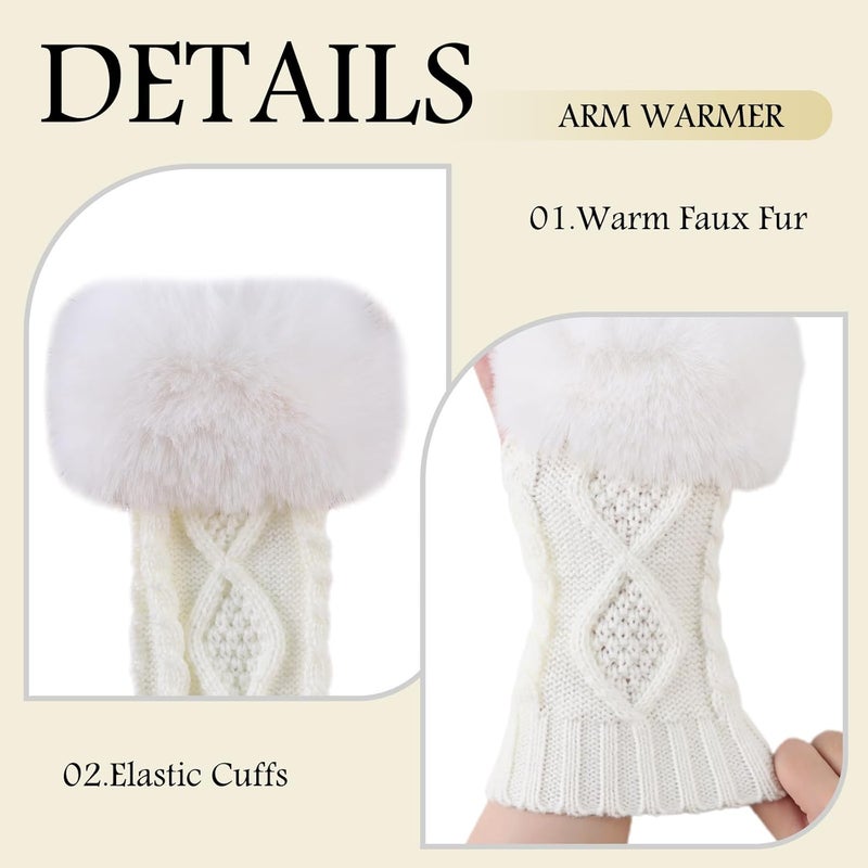 Pesaat Knit Arm Warmers Faux Fur Fingerless Gloves for Women Winter Wrist Warmers with Thumb Hole - Image 2